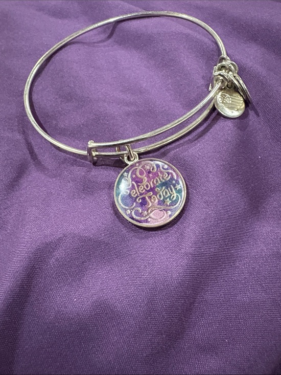 Alex and Ani Jewelry - Silver Tone 'Celebrate Today' Round Charm Bangle Bracelet - Purple Accent